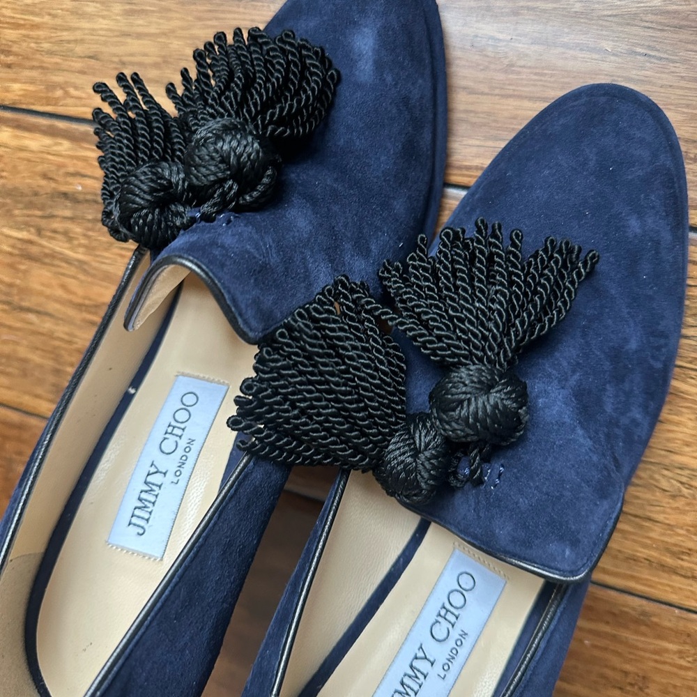 Jimmy Choo Navy Suede Tassel Loafers with Black Rope Tassels